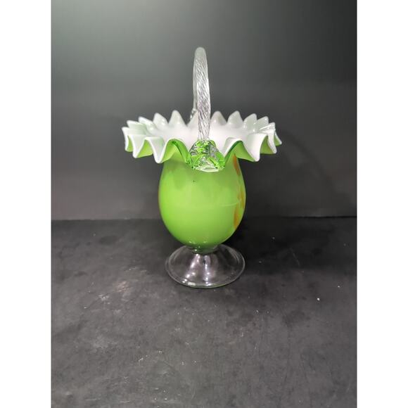 Bohemian Art Glass Footed Green Basket, Ruffled Edge, Hand Blown, Twisted Handle - Picture 4 of 10